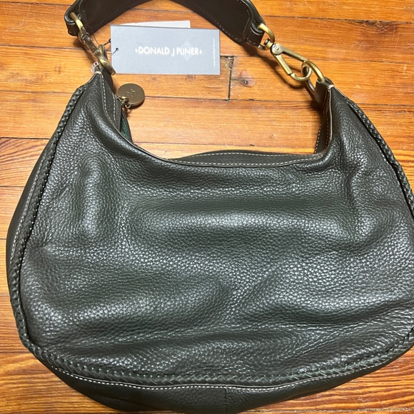 Hunter green, Donald J Piner, genuine leather shoulder bag, heavy brass hardware - Picture 2 of 14
